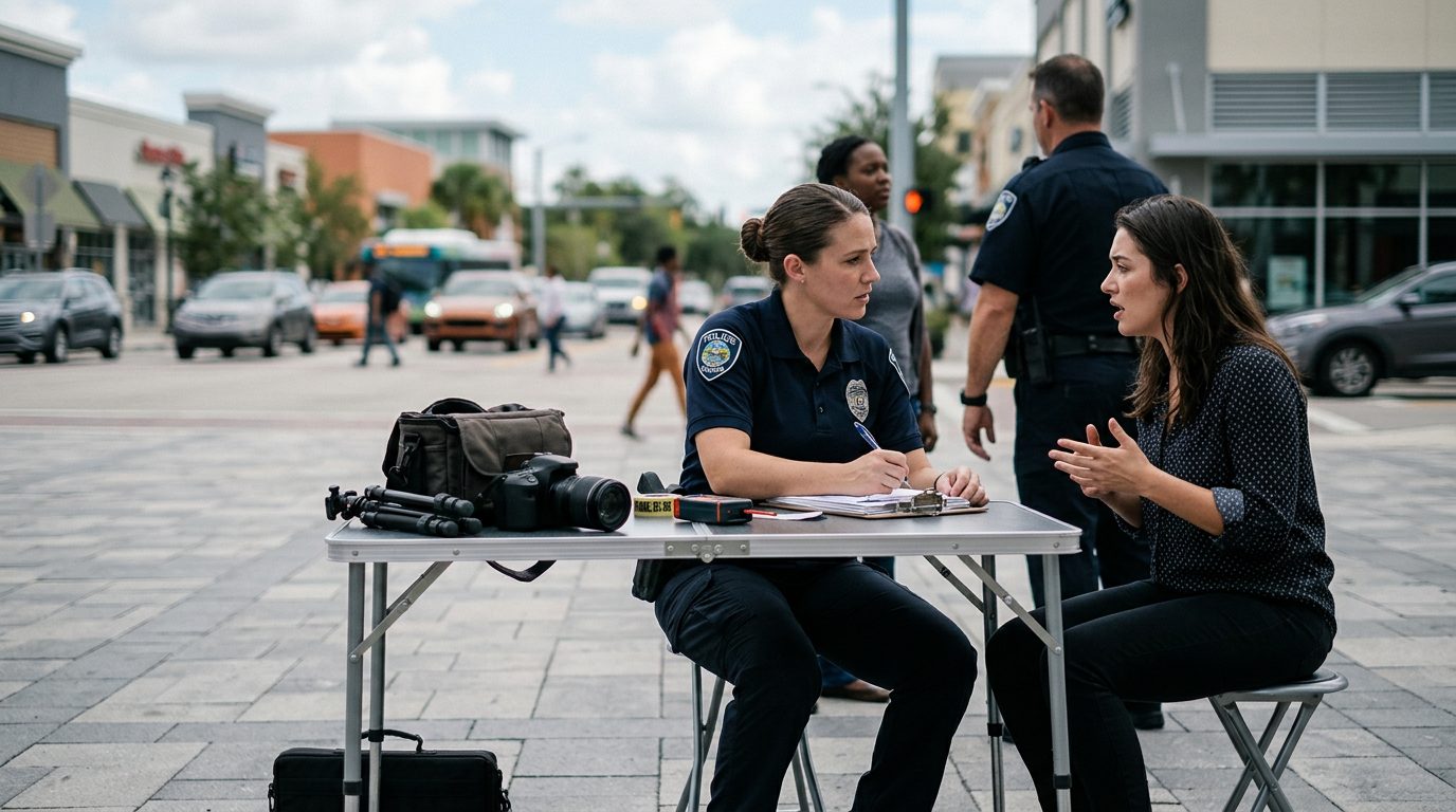 Police officer documents witness statements and incident reports outdoors in daylight, with measuring tools and camera equipment on a nearby table.