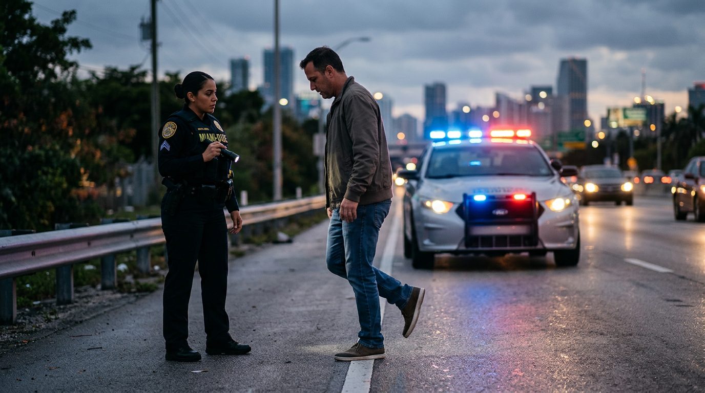 Police officer giving a roadside field sobriety test at dusk, with patrol car lights flashing in the background.