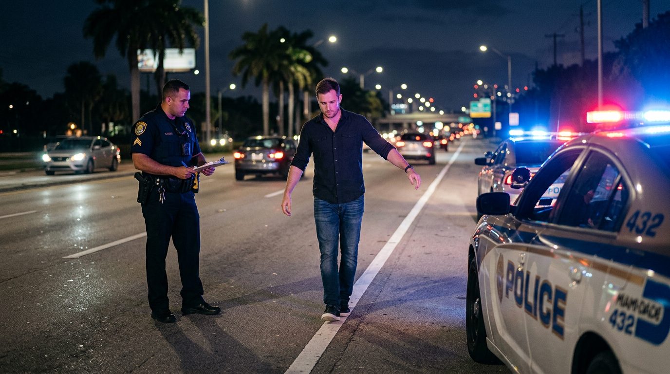 Police officer giving a roadside field sobriety test at dusk, patrol car lights flashing behind him.