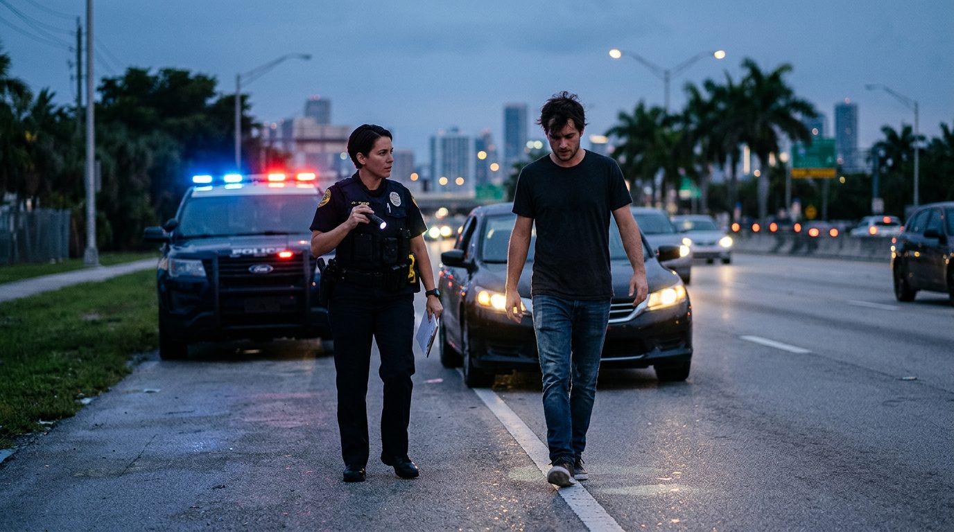 Police officer giving a roadside field sobriety test at night, with patrol car lights flashing in the background.