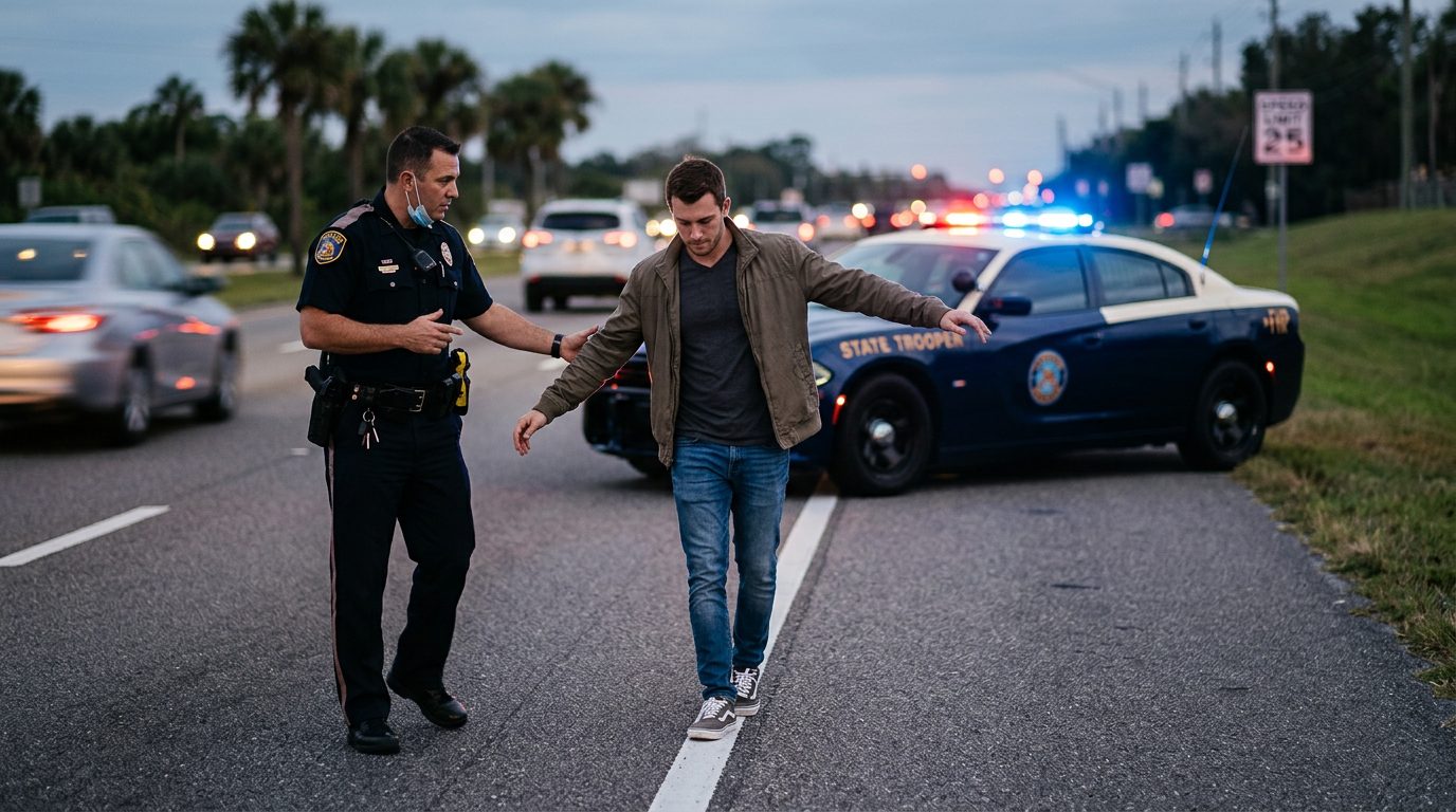 Police officer giving a roadside field sobriety test at night, with patrol car lights flashing behind him.