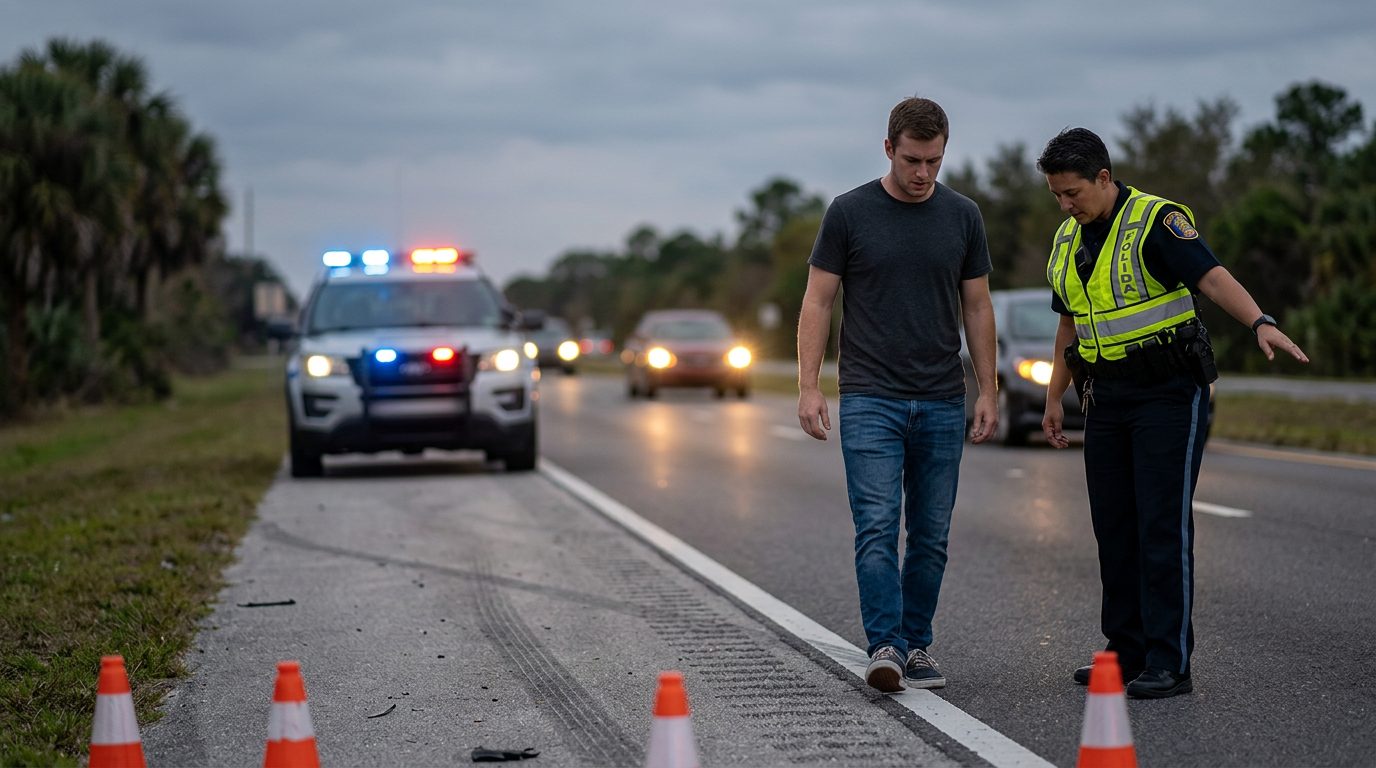 Agente de policía realizando una prueba de sobriedad en la carretera de noche, con las luces de una patrulla parpadeando al fondo.
