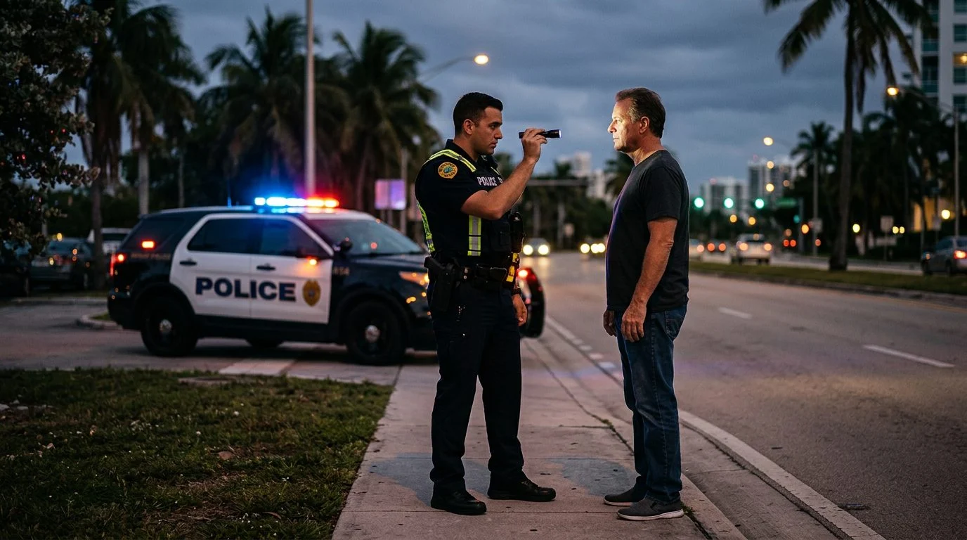 Police officer giving a roadside field sobriety test at night, with patrol car lights flashing behind.