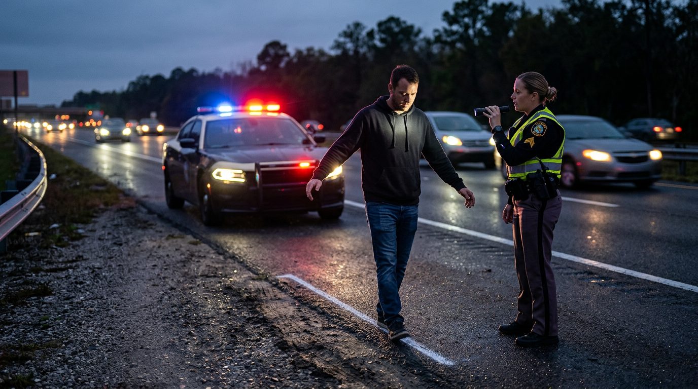 Police officer giving a roadside field sobriety test at night, with patrol car lights in the background.