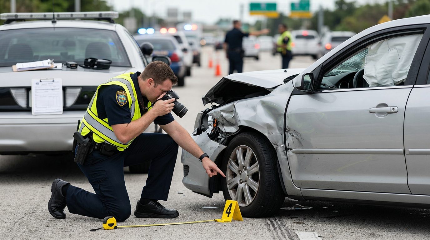Un agente de policía fotografía los daños de un accidente en una autopista de día, con herramientas de medición y marcadores de evidencia visibles.