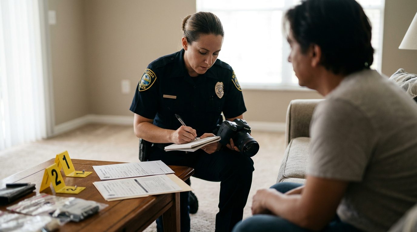 Police officer photographing evidence markers and filling out incident forms at a residence.