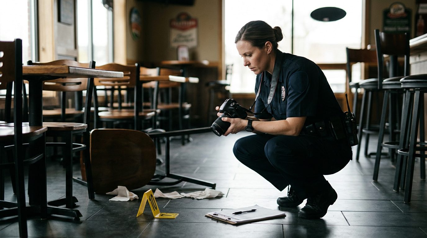 Policía fotografía marcadores de evidencia en la escena de un presunto incidente en un espacio público, de día.