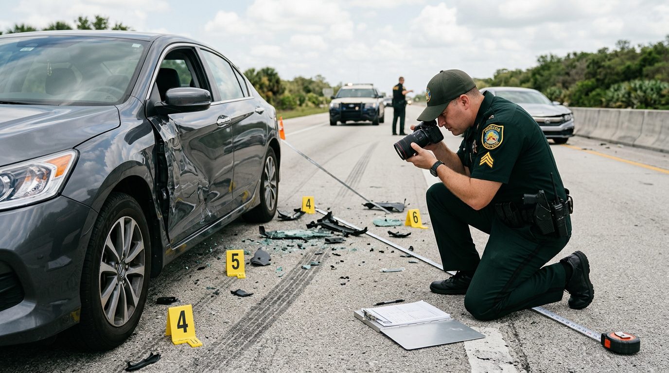 Agente de policía fotografiando los daños de un vehículo y señalando evidencias en un accidente de tráfico en una autopista de día.