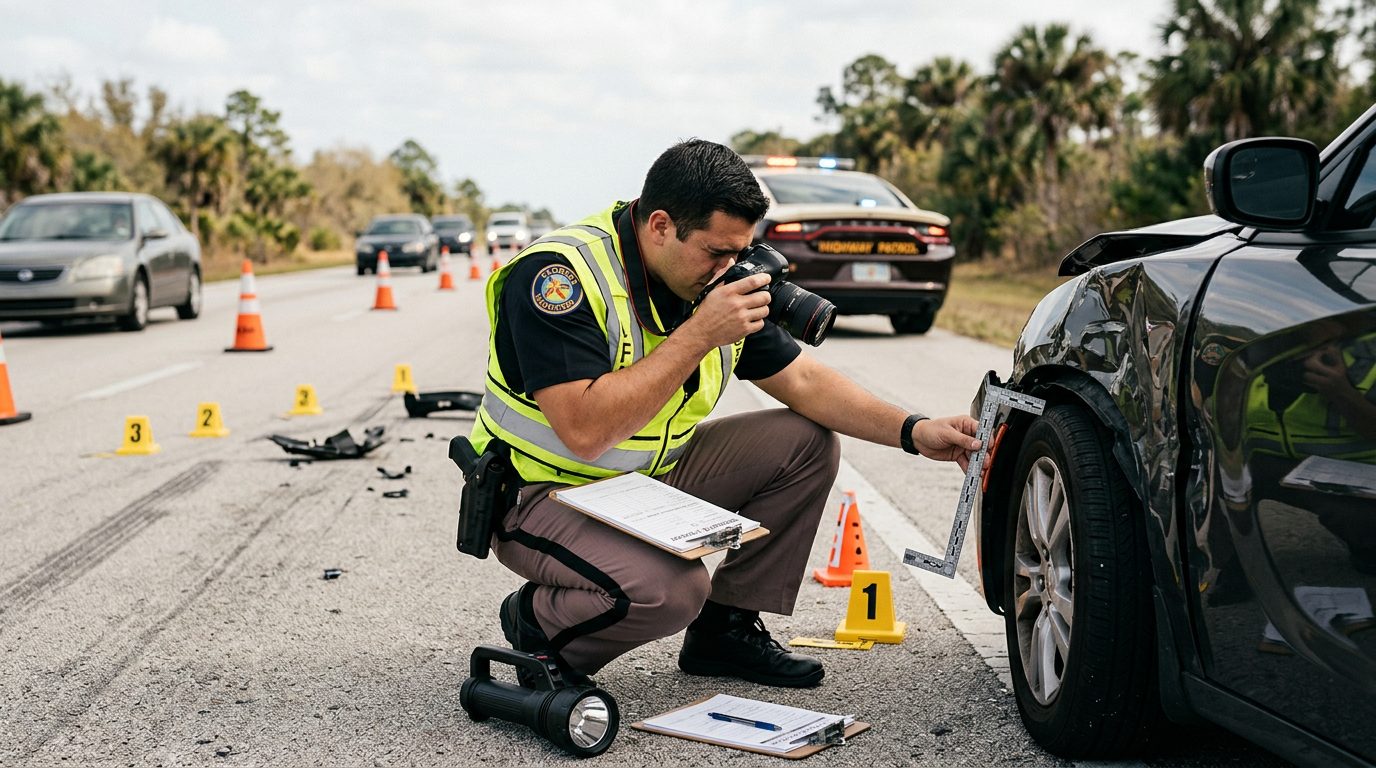 Un agente de policía fotografía y mide un vehículo dañado en una carretera durante el día, con marcadores de evidencia en el asfalto.