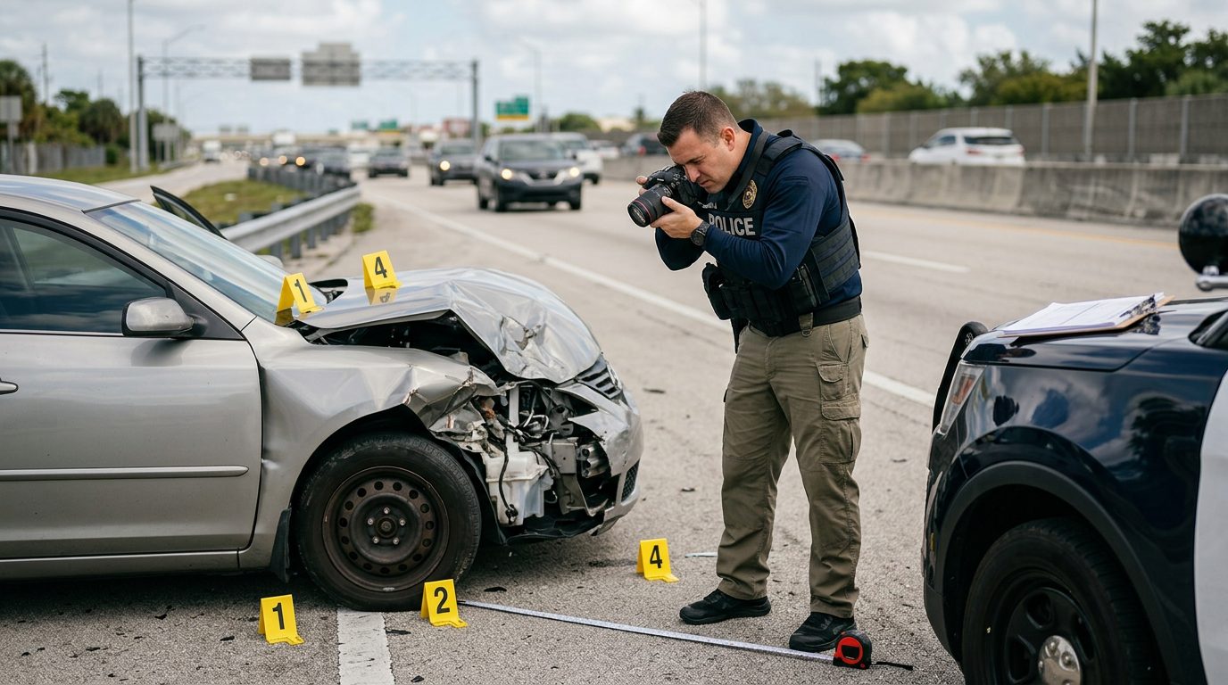 Police officer photographs and measures damage at a daytime highway crash scene, with evidence markers on the pavement.