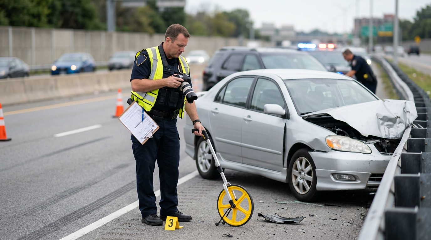 Un agente de policía fotografía y mide los daños en una escena de accidente en una autopista de día, con marcadores de evidencia visibles.
