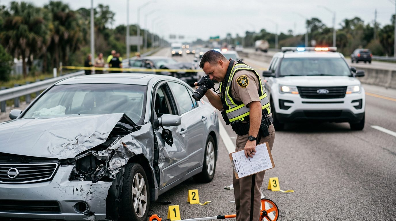 Un agente de policía fotografía y mide los daños de un vehículo en una escena de accidente en la autopista durante el día.