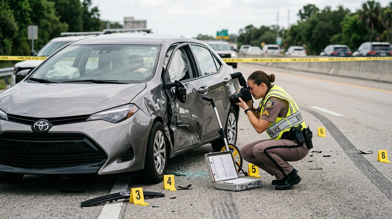 Un agente de policía fotografía y mide los daños de un vehículo en una escena de colisión en la autopista, de día.