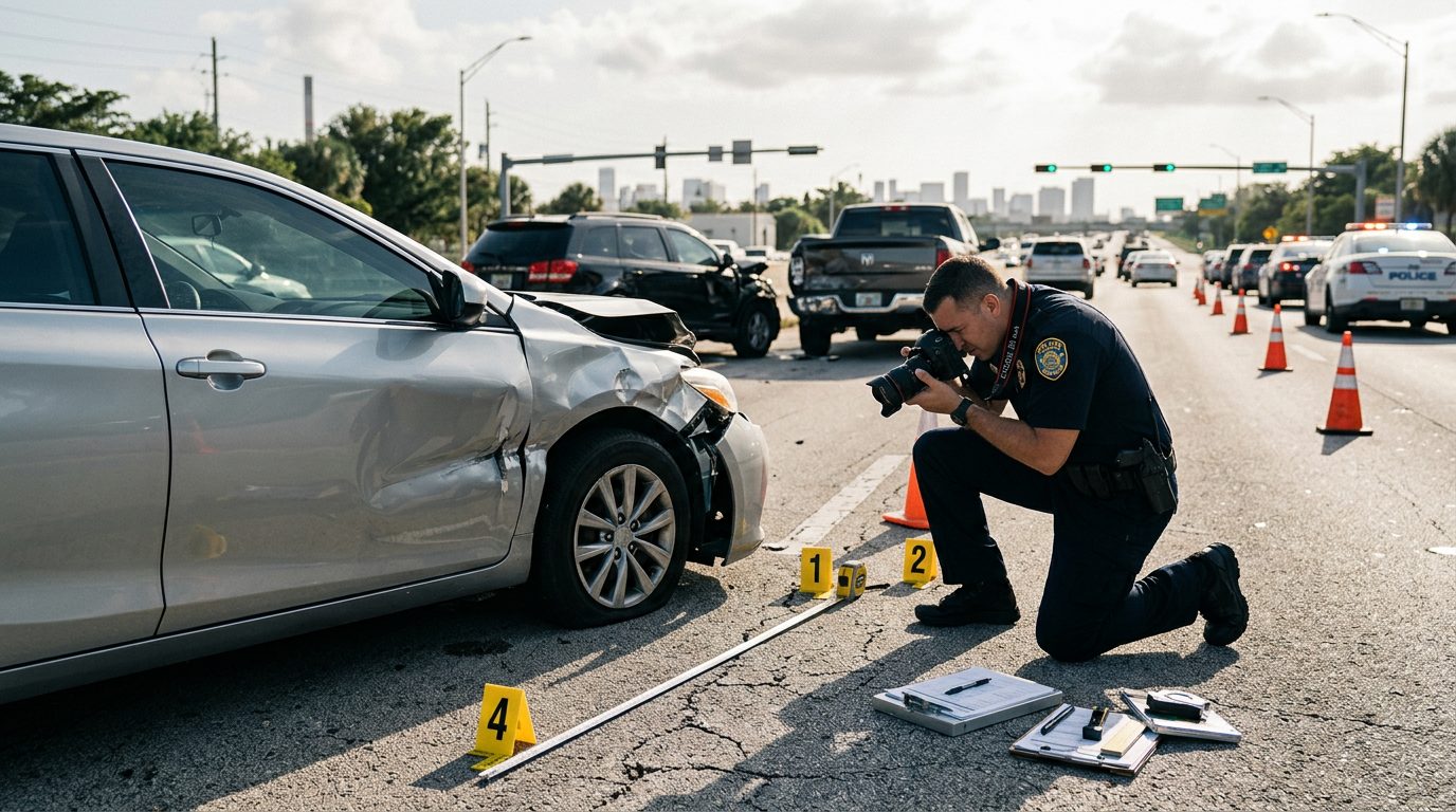 Un agente de policía fotografía y mide los daños de un vehículo en un accidente de tráfico en una autopista de día.