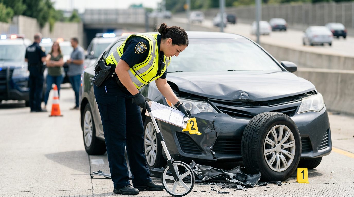 Agente de policía fotografía y mide los daños de un accidente en una autopista con marcadores de evidencia en el asfalto.