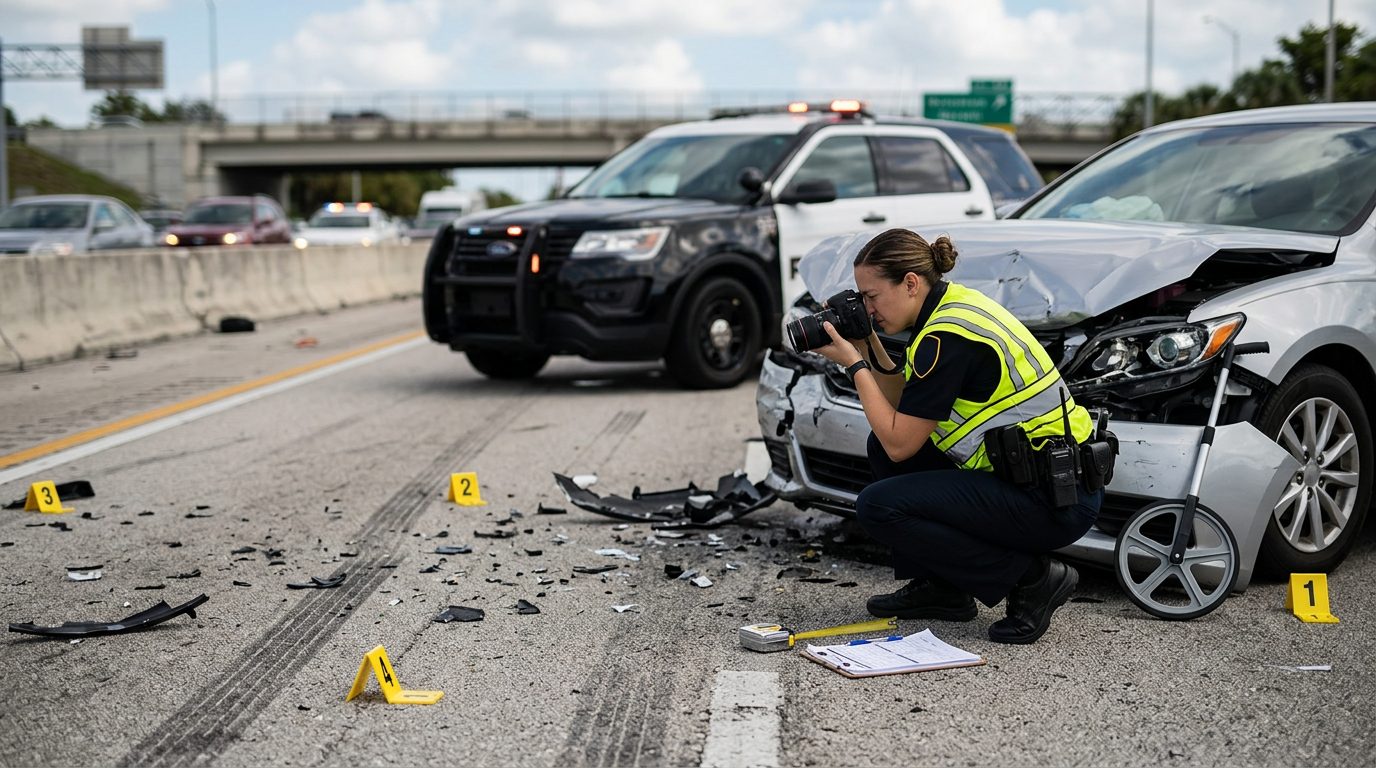 Agente de policía fotografía los daños de un accidente en una autopista, junto a herramientas de medición y marcadores de evidencia.