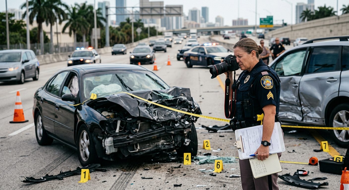 Un agente de policía fotografía los daños de un vehículo y toma medidas de evidencia en un accidente de tráfico diurno en una autopista.