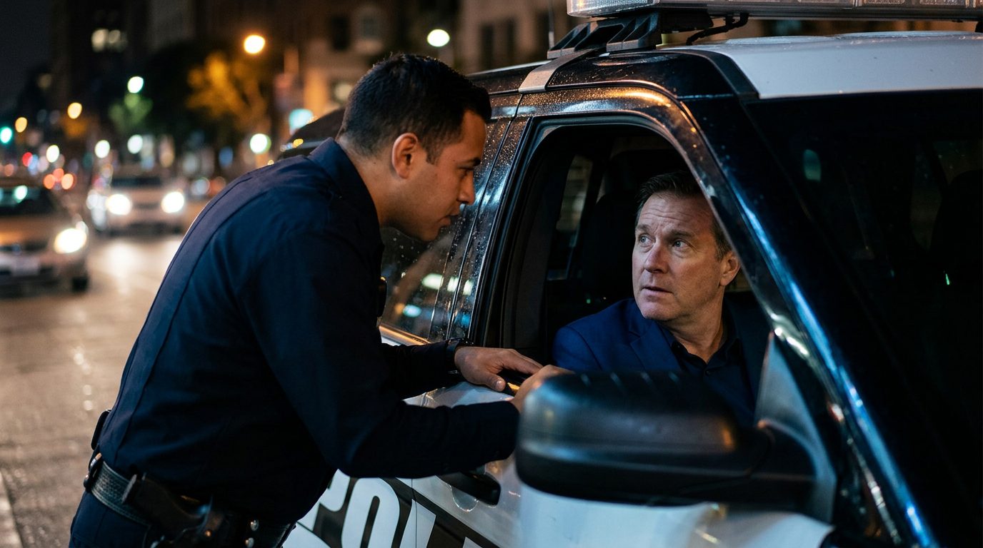 Police officer speaking with driver during nighttime traffic stop.