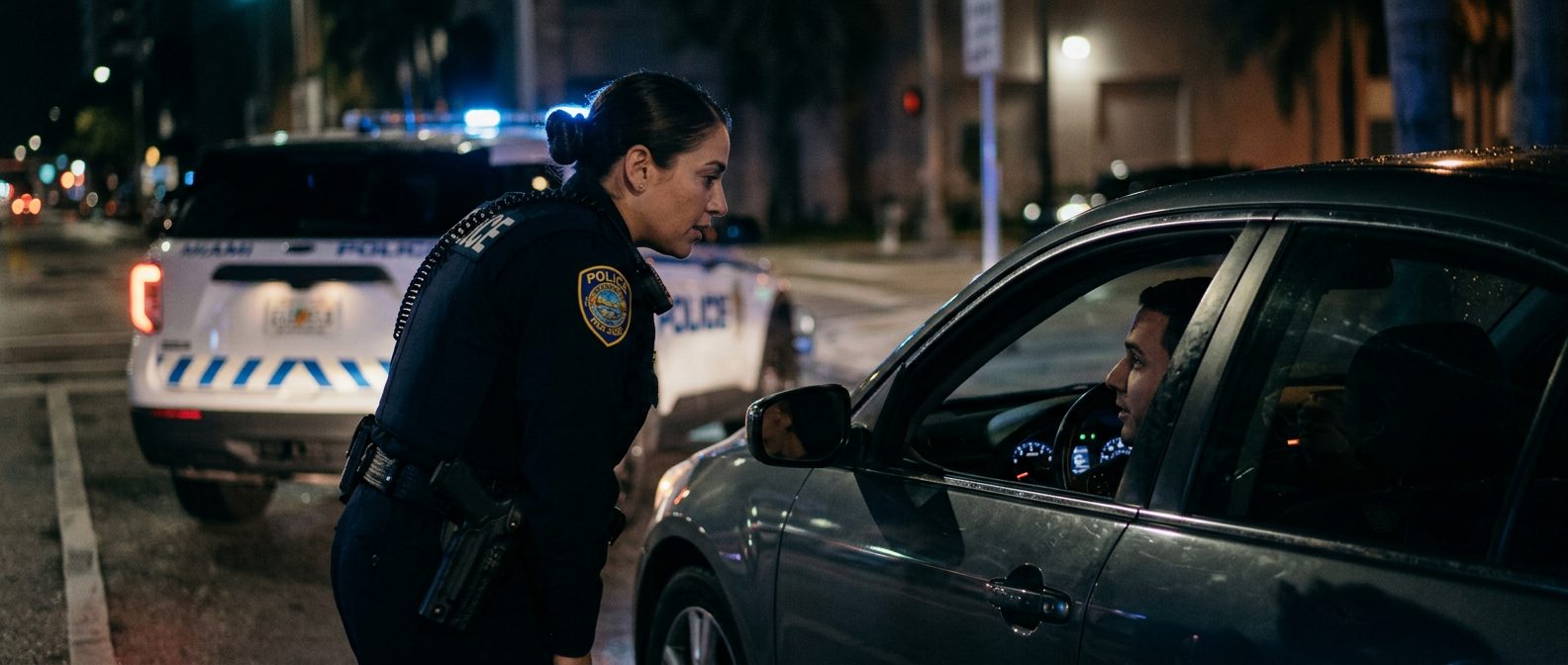 Police officer speaking with driver during nighttime traffic stop.