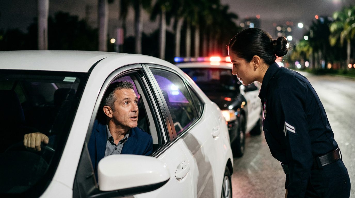 Police officer speaking with driver during nighttime traffic stop.