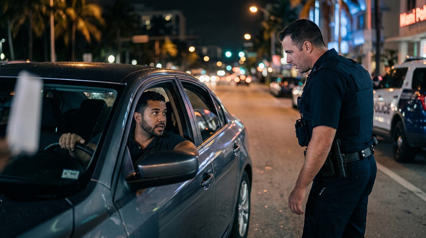 Police officer speaking with driver during nighttime traffic stop.