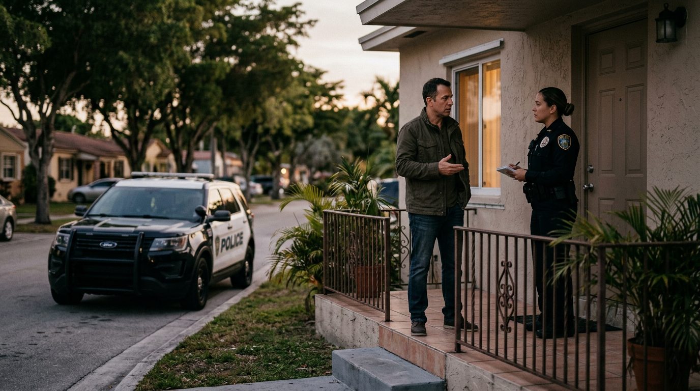 Police officer speaking with resident on front porch during domestic violence call.