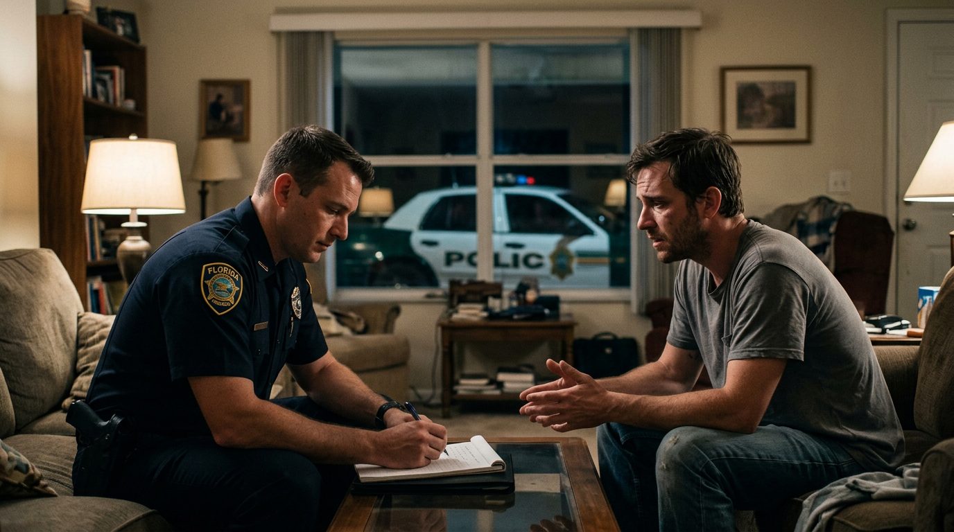 Police officer takes a statement from a person in an evening living room, with a patrol car visible through the window.