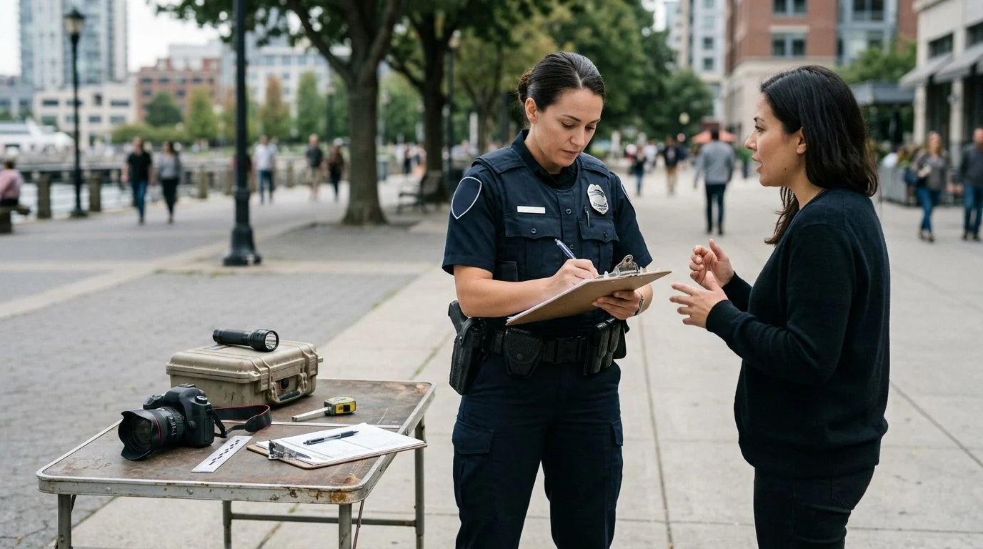 Police officer takes witness notes on a street in daylight, with measuring tools and a camera on a nearby table.