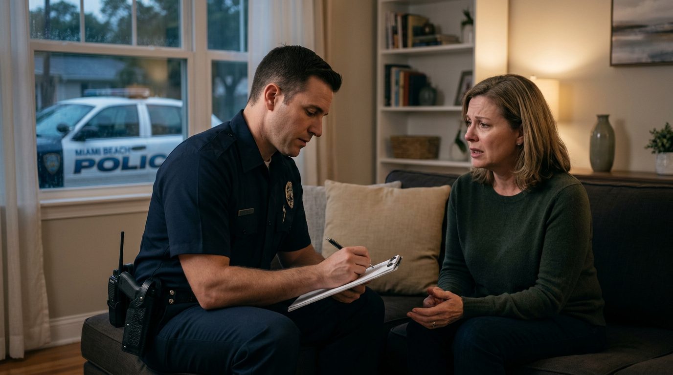 Police officer taking a statement from a person in a residential living room during a domestic incident response.