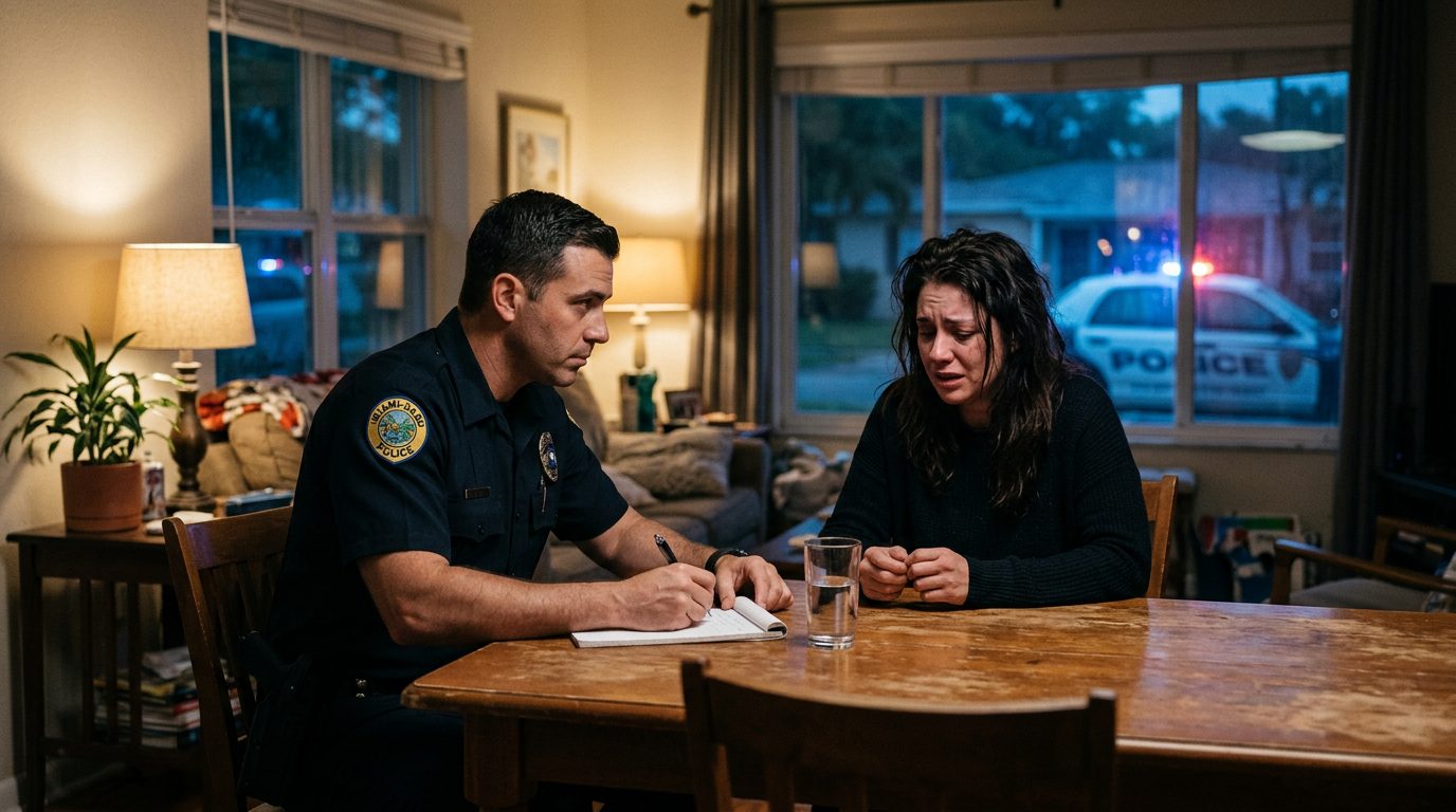 Police officer taking statement from person in residential living room during domestic incident response.