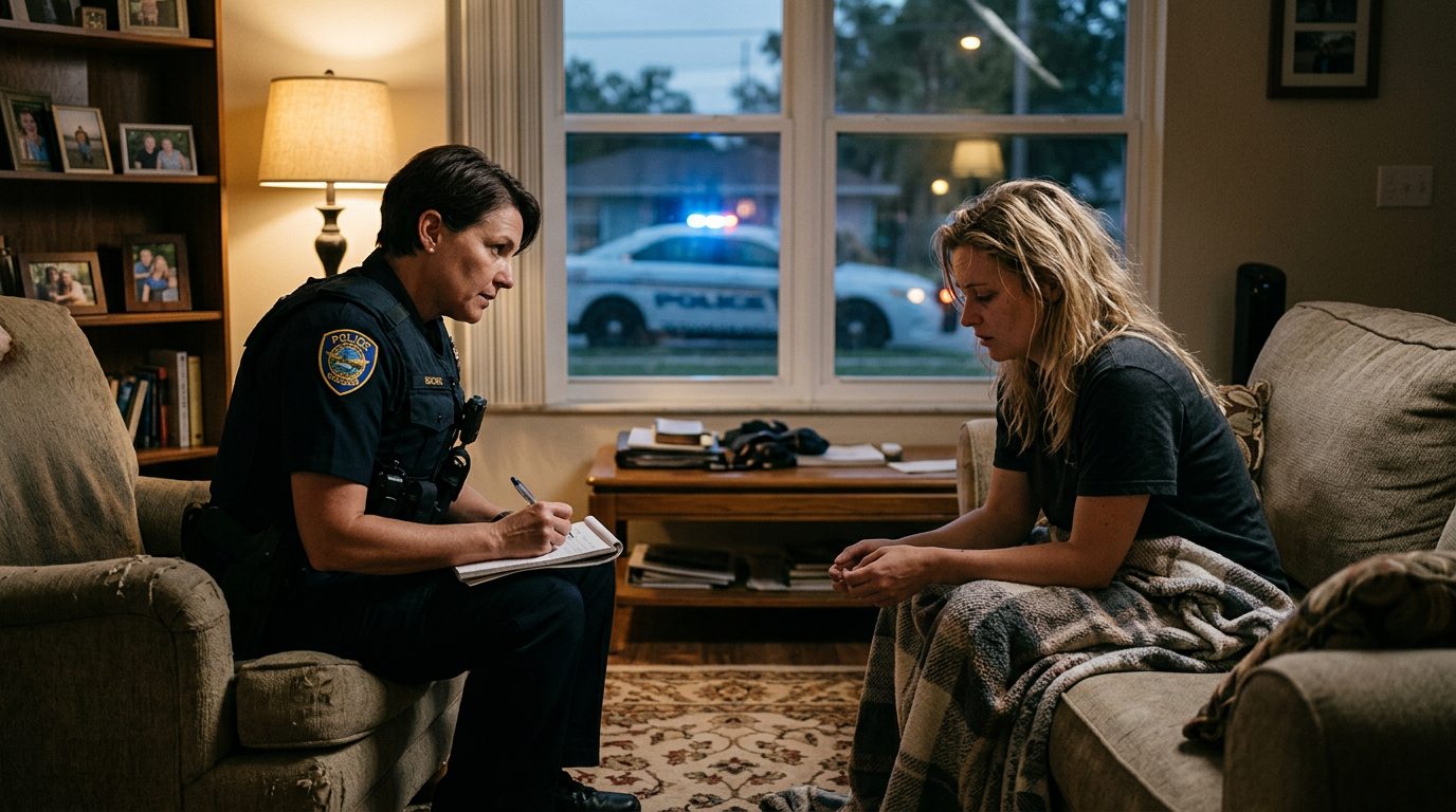 Police officer taking statement from person in residential living room during domestic incident response.
