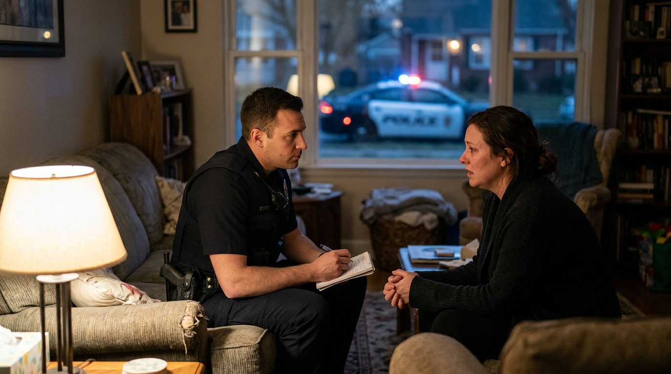 Police officer taking statement from person in residential living room during domestic incident response.