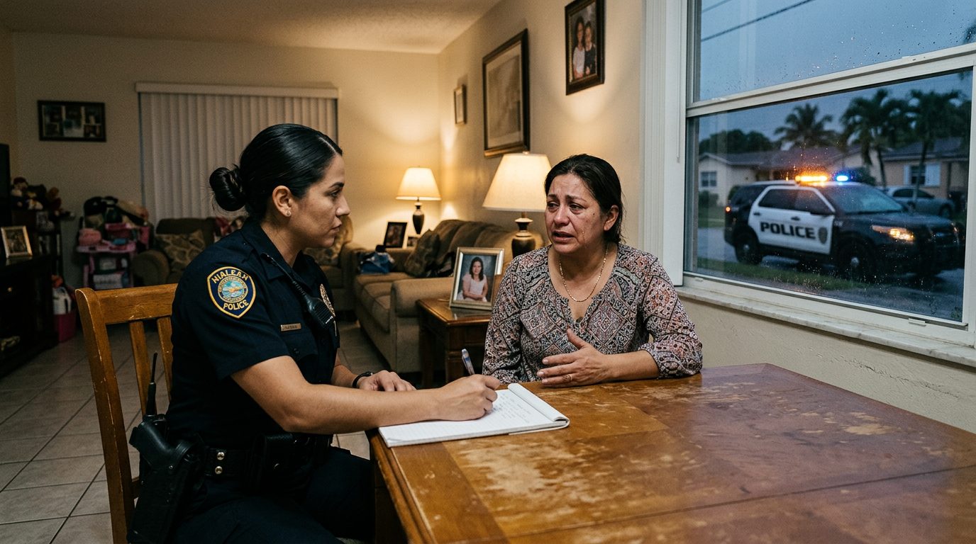 Police officer taking statement from resident during domestic incident response in living room.