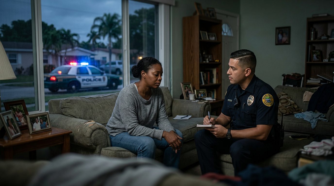 Police officer taking statement from resident during domestic incident response in living room.
