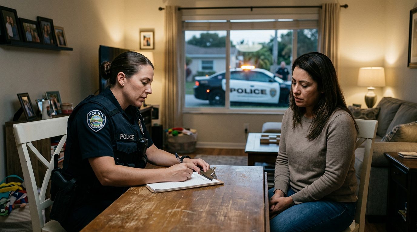 Police officer taking statement from resident during domestic incident response in living room.