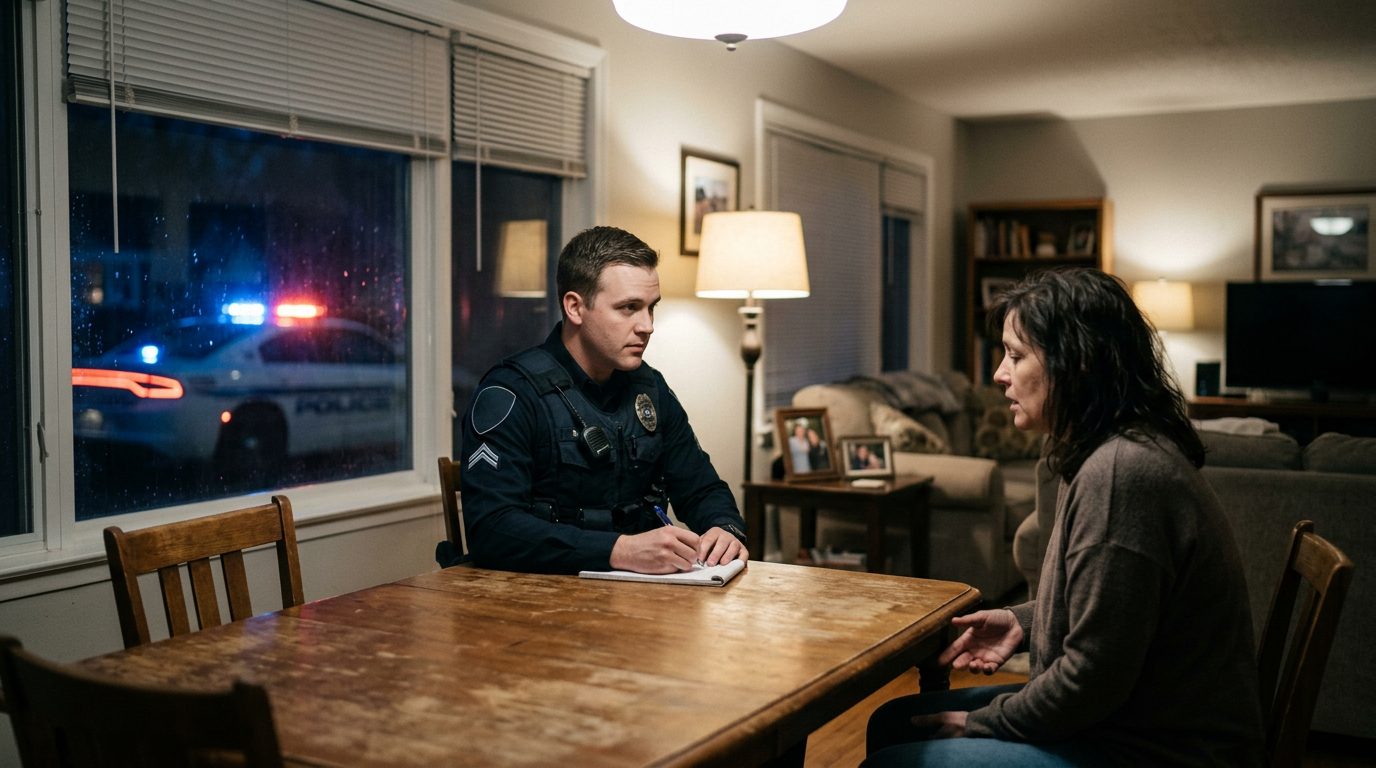 Police officer taking statement from resident during domestic incident response in home.