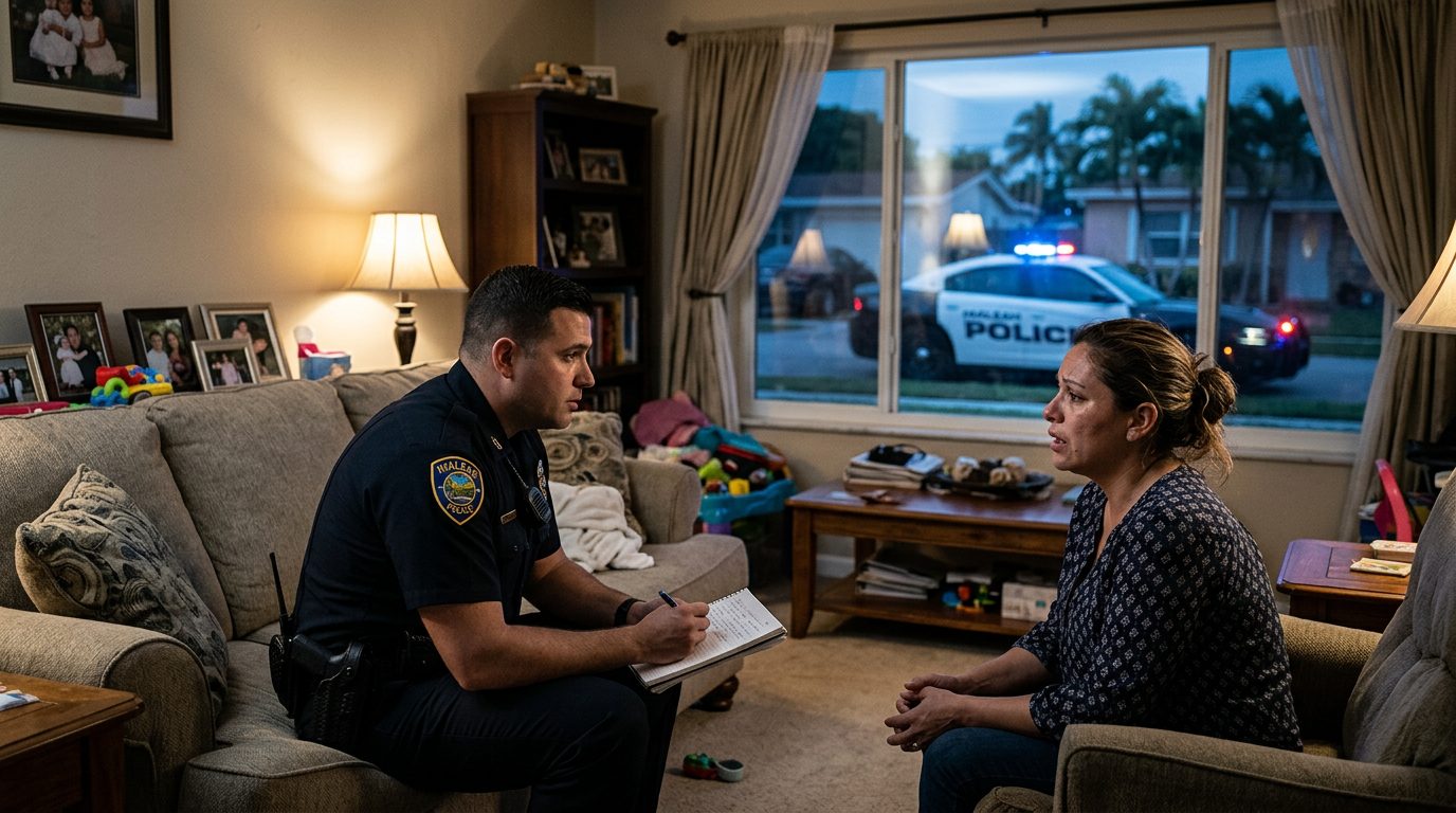 Police officer taking statement from resident during domestic incident response in home.