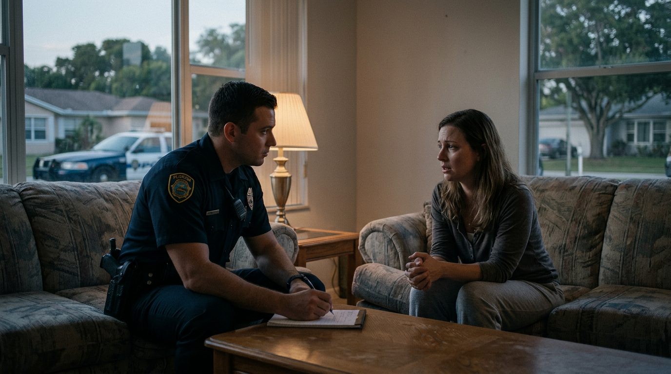 Police officer taking statement from resident during domestic incident response in living room.