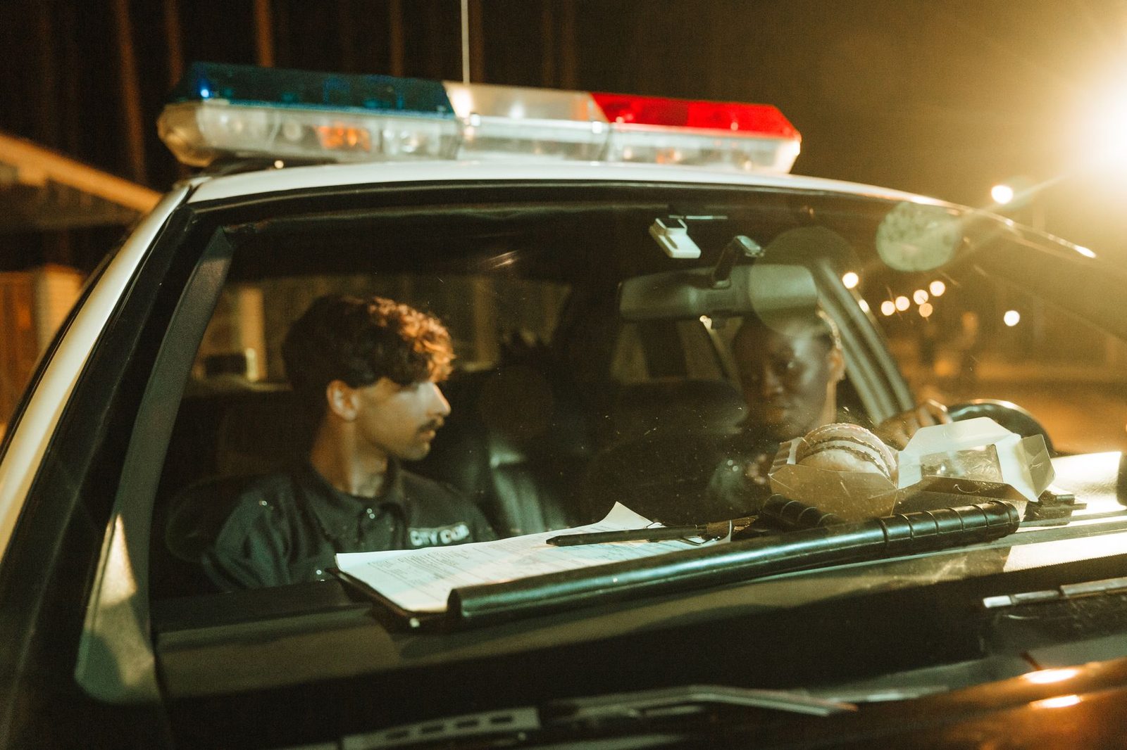 Police officers in patrol car at night during traffic stop.