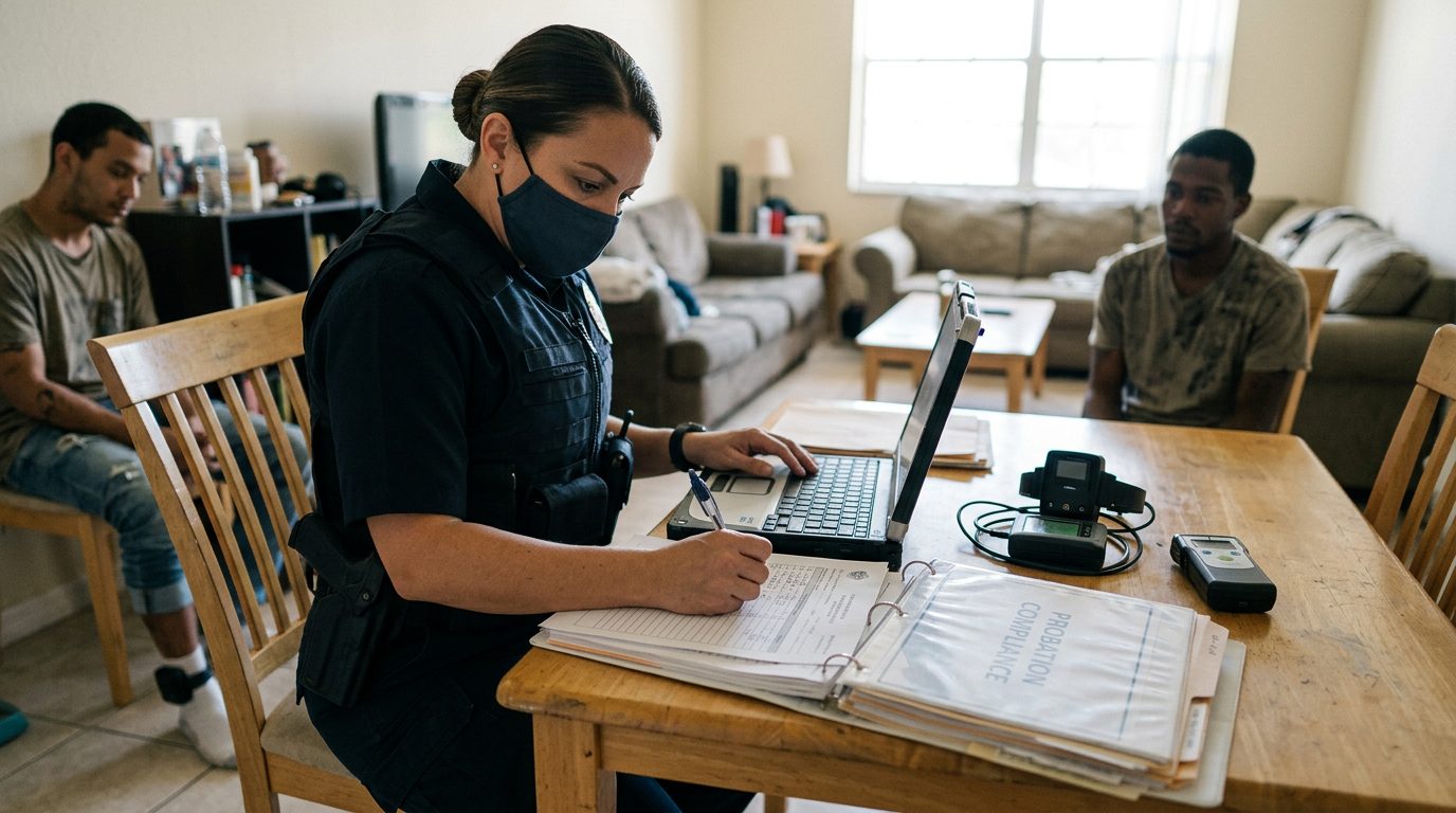 Probation officer in uniform documenting compliance records during a daytime home visit at a residence.