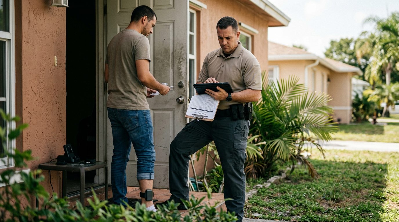Probation officer recording compliance logs beside monitoring equipment during a daytime home visit.