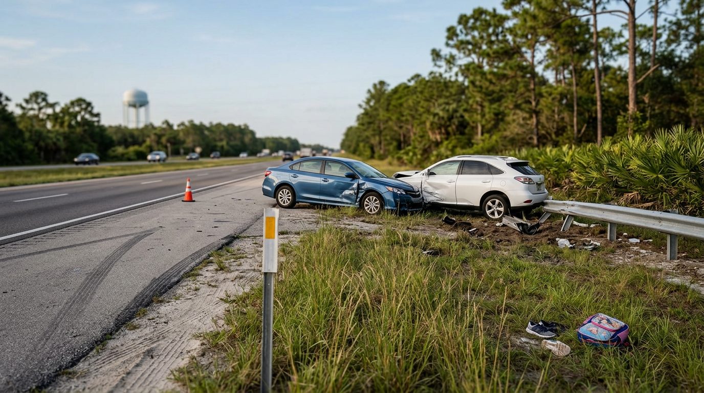 Carretera de Florida al atardecer con quitamiedos dañado, marcas de frenado en el asfalto y restos esparcidos.