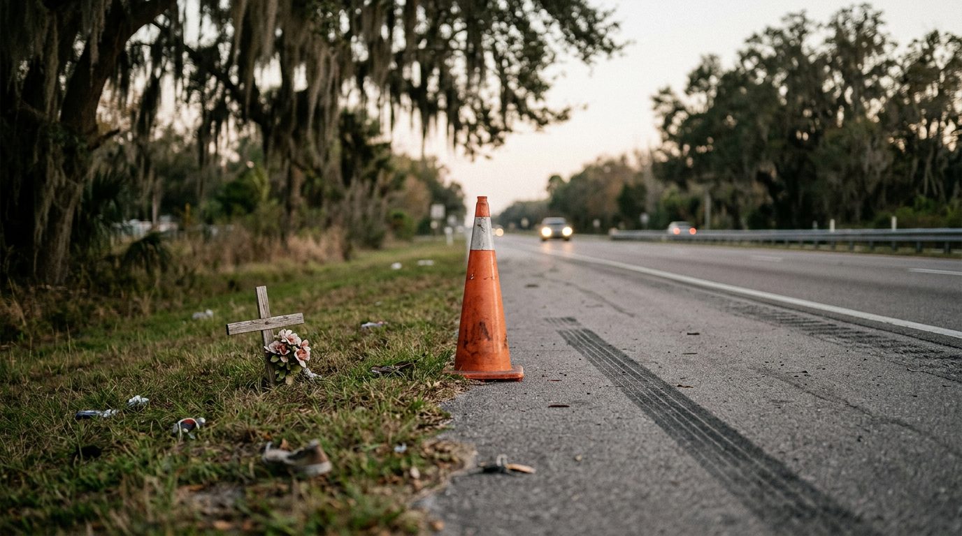 Carretera de Florida al atardecer con quitamiedos, marcas de frenado en el asfalto y restos dispersos junto al arcén.