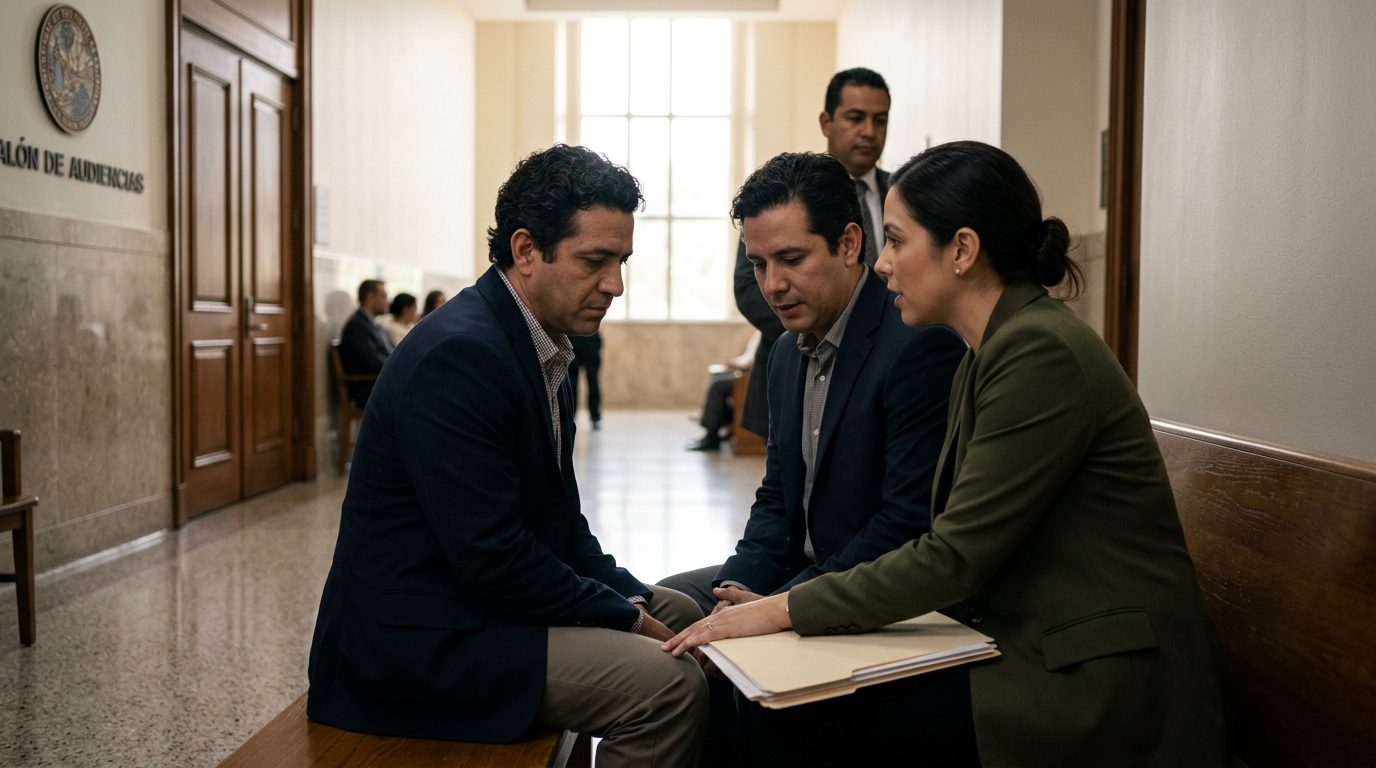 Sala de tribunal con juez, abogado y documentos legales sobre violencia doméstica.