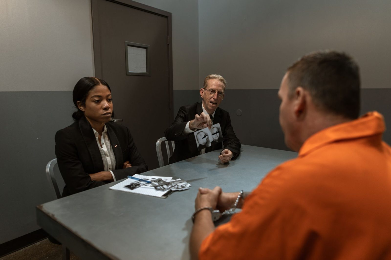 Sospechoso en uniforme naranja siendo interrogado por detectives en sala oscura.