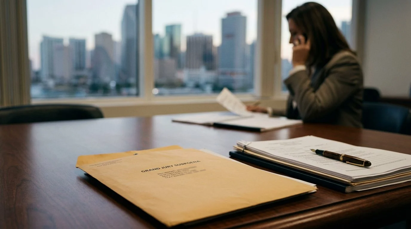 Stacked legal documents and a pen on a desk in a Miami office.