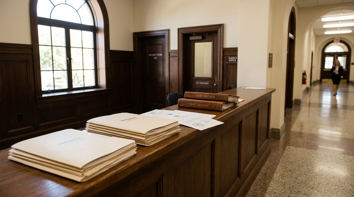 Wide view of a Florida courthouse office with case files and records stacked on a desk.