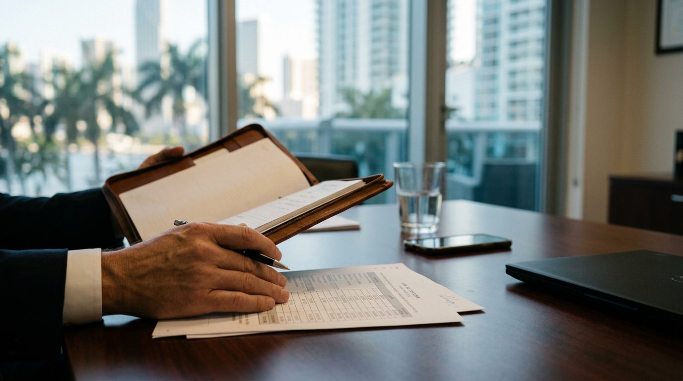 Vista amplia de una oficina de abogados en Miami-Dade, con escritorio, carpetas de casos y edificios de la ciudad por la ventana.