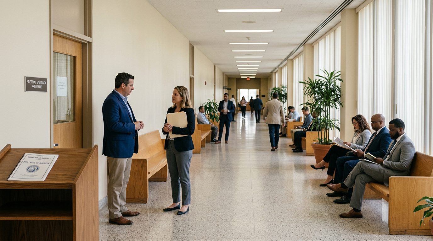 Wide view of a quiet courthouse hallway with wooden benches and directional signs, suggesting a legal office setting.
