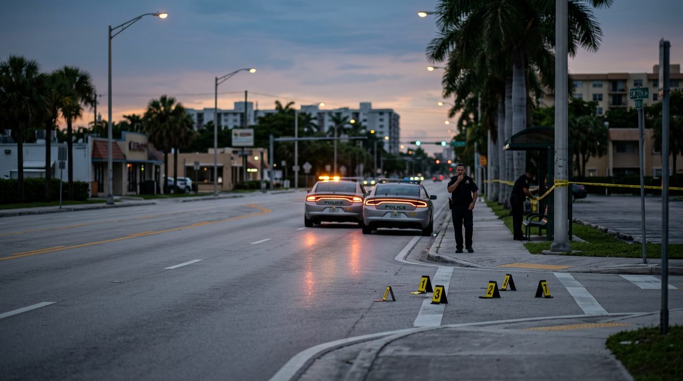 Wide view of an empty Miami-Dade city street with traffic lanes, streetlights, and palm trees.